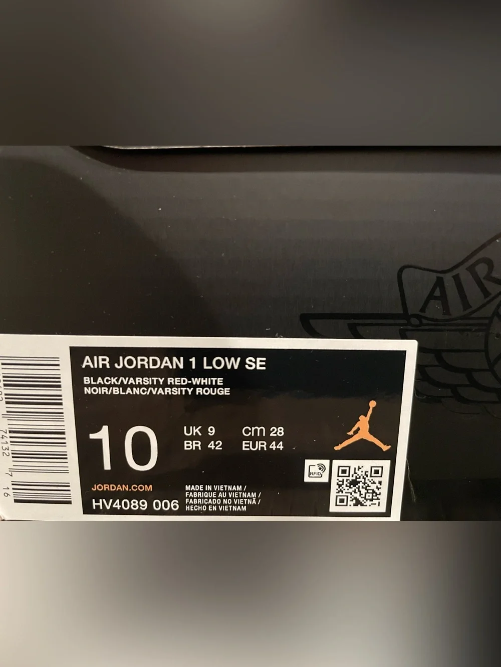 New Men’s Air Jordan 1 Low SE Retro — Black/Patent Varsity Red — Size 10